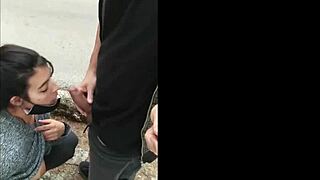 Check out this hot brunette giving sloppy deepthroat in public! 😈