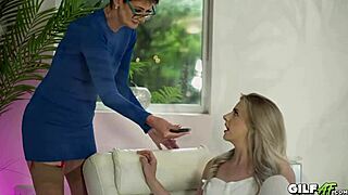 lesbian grandma and teen gabie use dildo to cum together hard