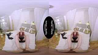 In a hotel room, a skinny mature woman rides in stockings.