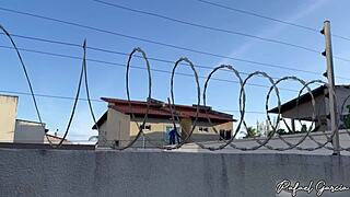 I caught my hot neighbor playing with a sex machine in her yard