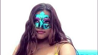 Brunette student teases by touching her big breasts before the exam.