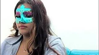 Brunette student teases by touching her big breasts before the exam.