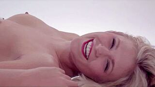 blonde milf masturbates her shaved pussy with shoes on