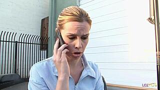 Stunning lesbian blonde comforts sex depraved stunner with pussy licking in parking lot