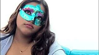 Brunette student teases by touching her big breasts before the exam.