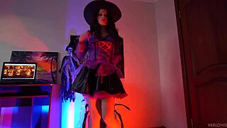 Halloween witch in cosplay enjoys bouncing