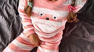 petite teen in pajamas whispers, 'watch me masturbate my shaved pussy to orgasm.'