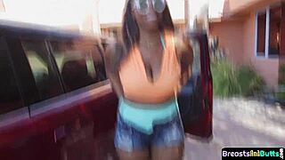 Curvy ebony babe bounces on stiff cock with big tits close up