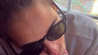 the lightskin ebony step-sister gives a blowjob by the window, getting cum on her face as her boyfriend searches.