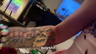 Tatted emo teen swallows black cock deep, gagging and dominating the scene.