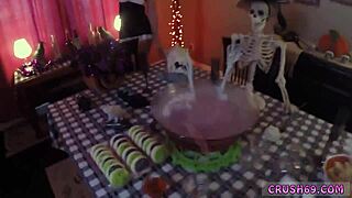 Step sister swallows during Halloween fun 😈