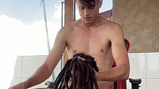 review on the balcony turns into a sloppy blowjob for the tattooed babe