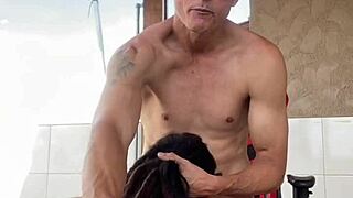 review on the balcony turns into a sloppy blowjob for the tattooed babe