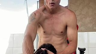 review on the balcony turns into a sloppy blowjob for the tattooed babe