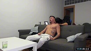 She invites him over for a movie, then fucks him rough.