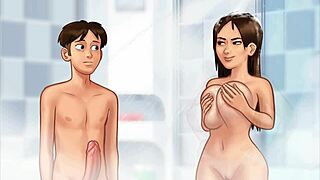 jenny and her step mom have steamy shower sex in summer time saga