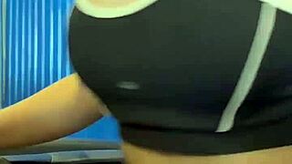 in a crowded bathroom, she licks and masturbates pussy to orgasm