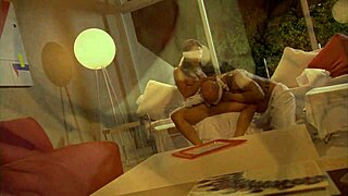 They lick her balls then tag team her shaved pussy with monster cocks.