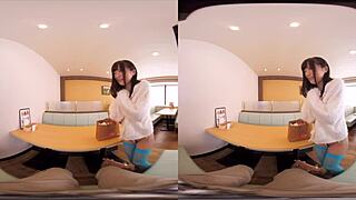 Japanese babe in costume exposes boobs in VR diner sex scene
