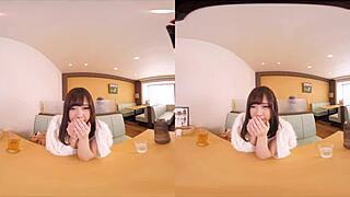 Japanese babe in costume exposes boobs in VR diner sex scene