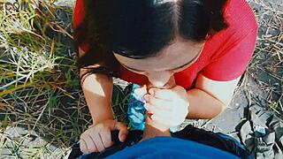 latina wife gives risky outdoor blowjob