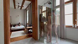 naughty blondes bathing and fucking in horny group shower