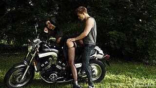 I, the biker, fuck my girlfriend on the motorcycle, moanin loud, her big tits bouncin.