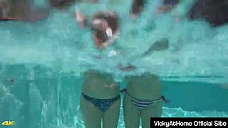 Bikini cougars Vicky Vette and Rachel Storms SCISSORING at the pool!