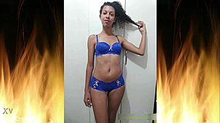 Beautiful brunette housewife flashes ass in blue lingerie with passion