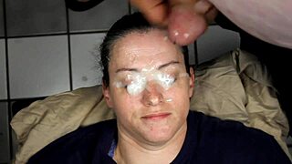 In this homemade scene, a brunette gets a huge facial blasting right in her eyes with dirty talk