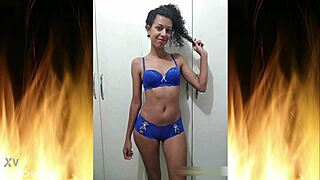 Beautiful brunette housewife flashes ass in blue lingerie with passion