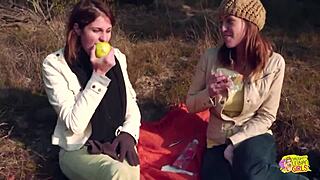 Two Brunette Friends Turn Picnic into Strapon Sex