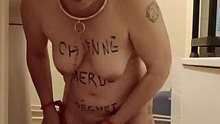 Watch this milf slave flashing her natural tits while bound in bdsm humiliation