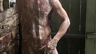 shower time with a muscular guy featuring monster cock and small waist in steamy scene