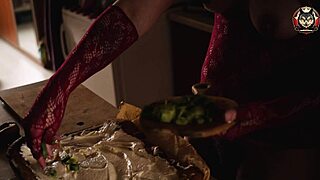 Naked housewife cooks suggestively