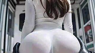 Beautiful girl in leather catsuit at ski resort