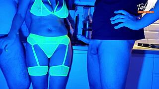 Wife Sucks 2 Cocks In Neon Threesome!