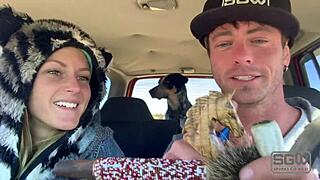 Fucking and sucking outdoors in public with big tits and cumshot