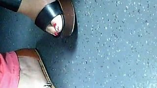 look at these mature feet in wedges and sandals, hidden candid