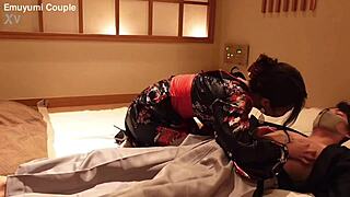 lewd kimono girlfriend cums hard in cowgirl with shaved pussy