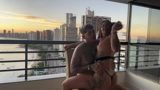 ebony babe rides muscular guy in cowgirl anal orgasm