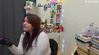 Backstage dirty talk with curvy brunette using toys