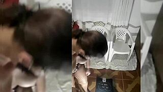 bitch teasing with big dildo in red panties