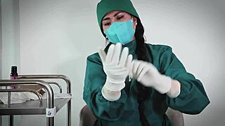 this nurse plays with latex gloves in a hospital fetish scene on the patient