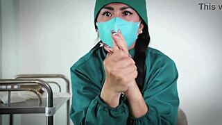 this nurse plays with latex gloves in a hospital fetish scene on the patient