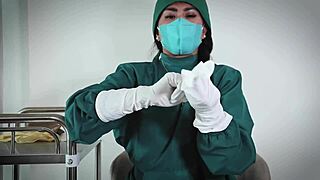 this nurse plays with latex gloves in a hospital fetish scene on the patient
