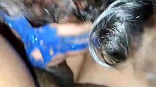 latina milf jerks huge cock for facial