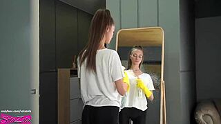 Busty teen cleans apartment with amateur partner