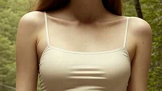 Girls in their underwear hanging out at cabin in the woods