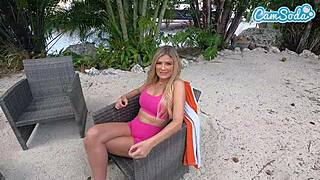 Hot Threesome: Two Big White Cocks Fuck Big Tits Milf In Bikini Bent Over For Public Orgasm